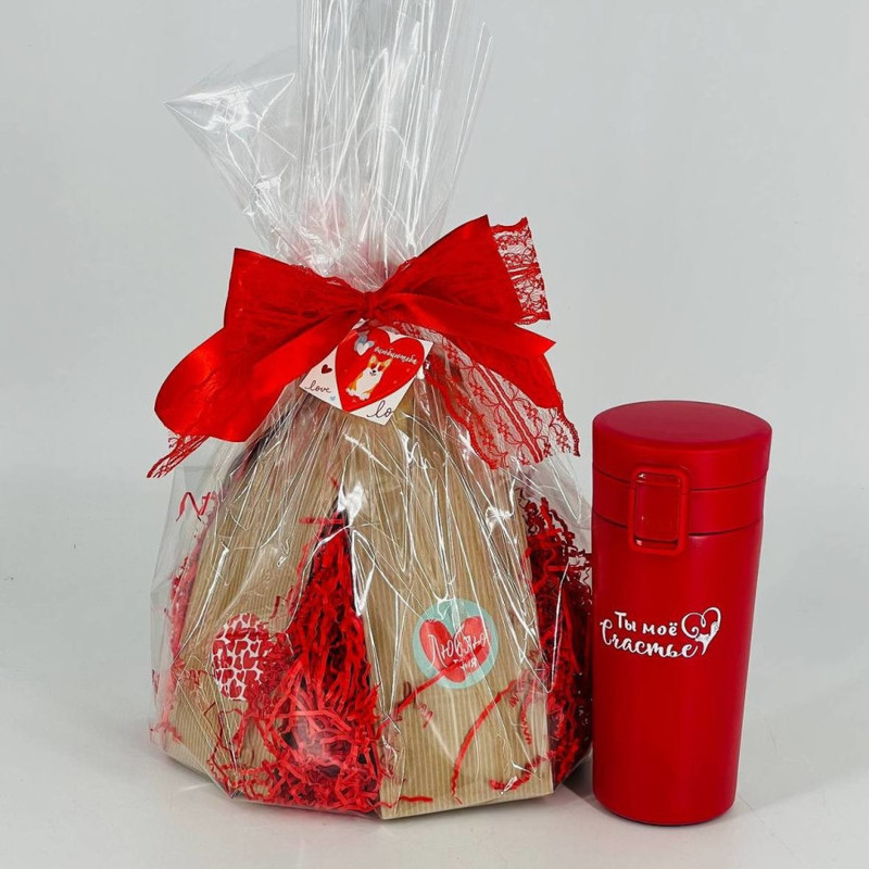 Gift for February 14th: a bouquet of elite tea and coffee with a thermal glass, standart