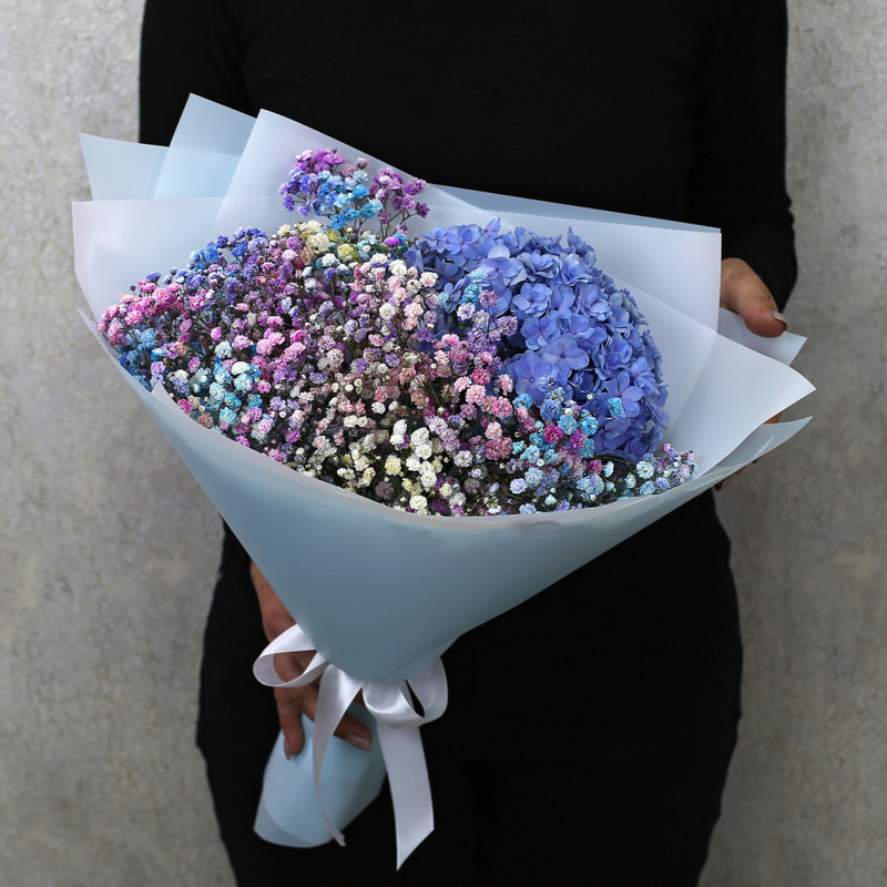 Bouquet of blue hydrangea and rainbow gypsophila in designer packaging, standart