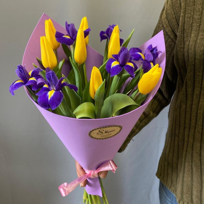 Bouquet of irises and yellow tulips, standart