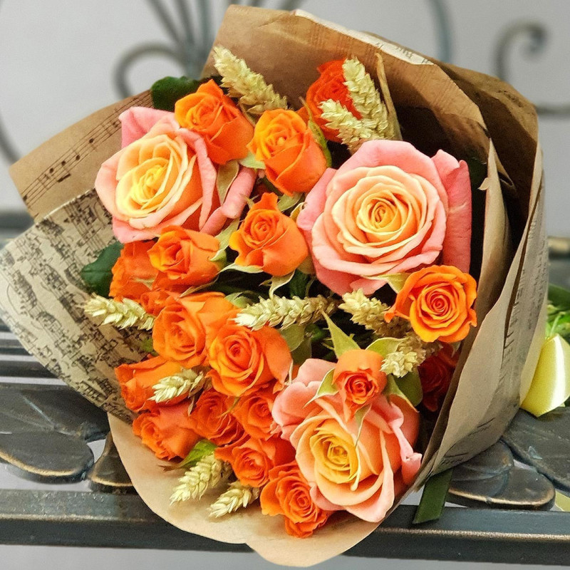 Bouquet of spray roses with wheat, standart