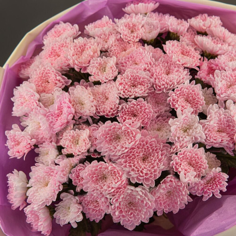 Букет из 11 розовых хризантем кустовых в дизайнерском оформлении 45 см, стандартный