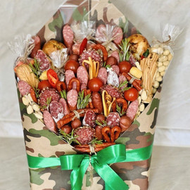 Men's bouquet of sausages and snacks