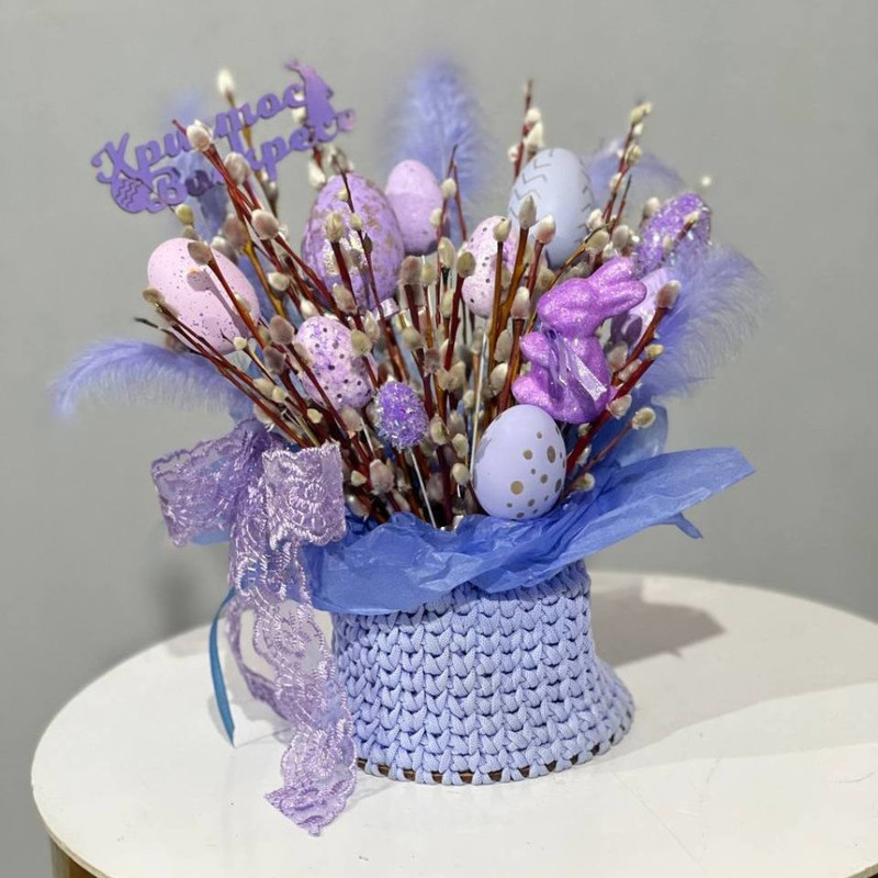 Willow bouquet in a knitted flowerpot, standart