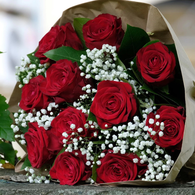 Букет «11 красных роз с гипсофилой», стандартный