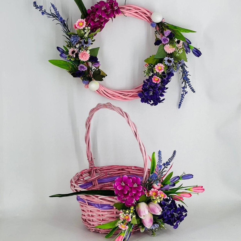 Gift set 2 in 1 for Easter basket and wreath with artificial flowers, standart