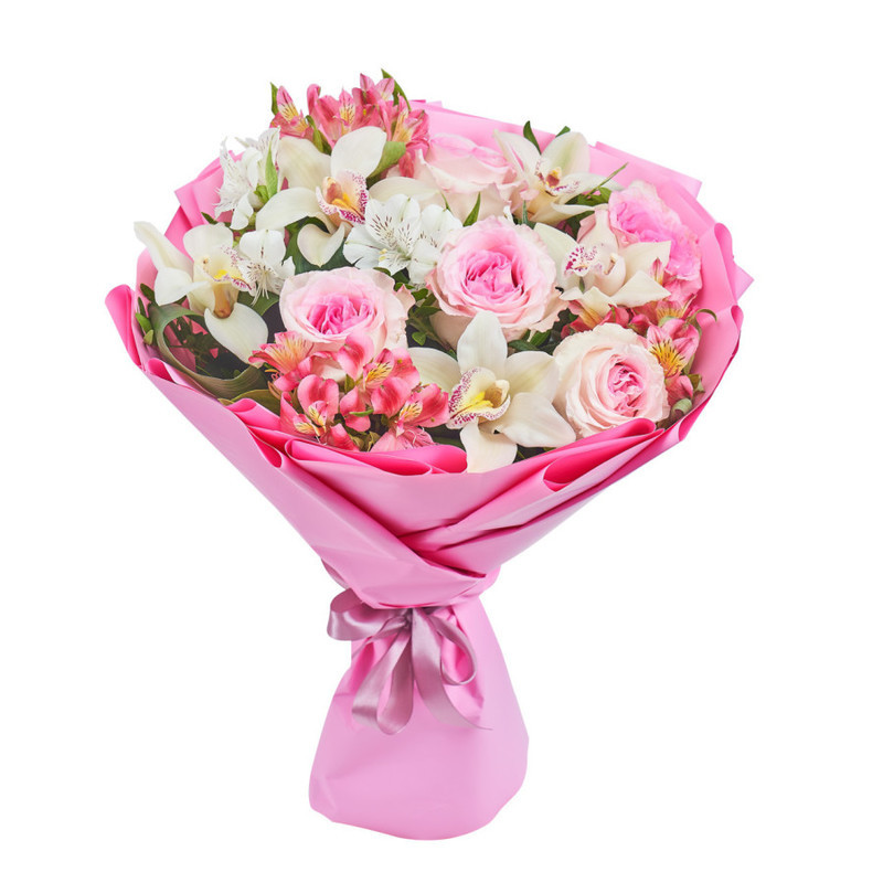Bouquet of delicate roses, orchids and alstroemerias, standart