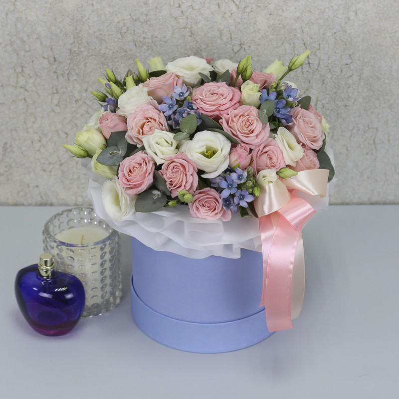 White eustoma and peony roses with eucalyptus in the box "Imaginary Universe", standart