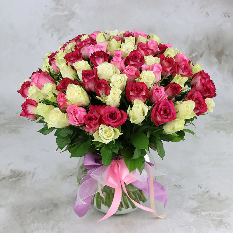 Bouquet of 101 white and pink roses 40 cm, standart