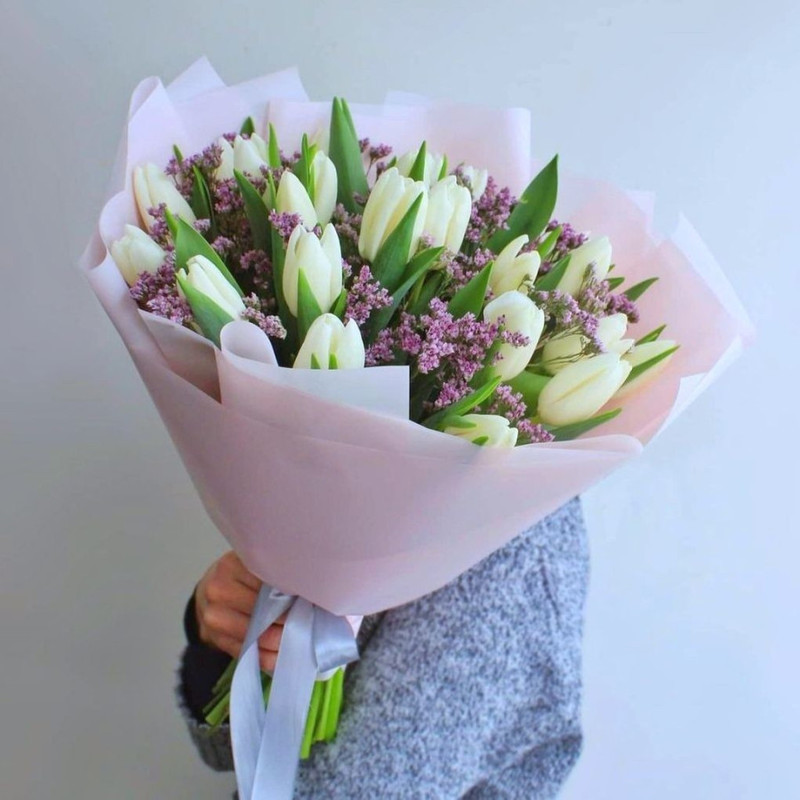 25 white tulips with pink limonium, standart