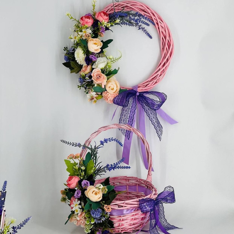 Easter set designer wreath and basket with artificial flowers, standart