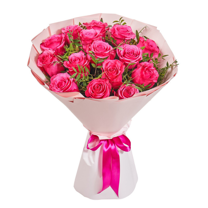 Bouquet of 15 raspberry roses with pistakia, standart