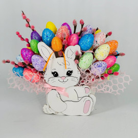 Flower pot composition Easter bunny with willow branches and decorative eggs