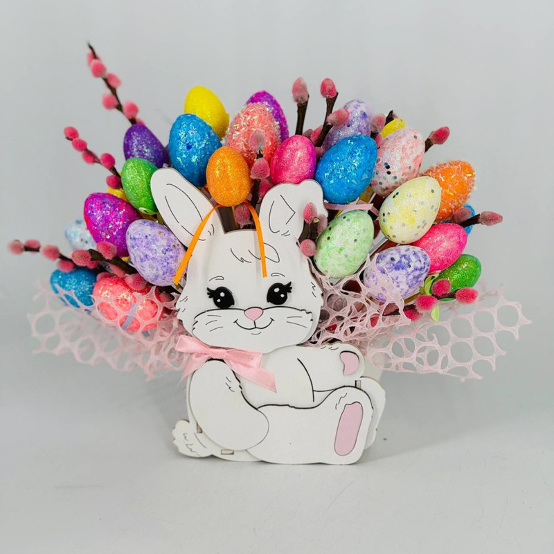 Flower pot composition Easter bunny with willow branches and decorative eggs, standart