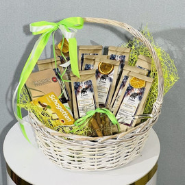 Gift basket with assorted coffee beans and chocolate