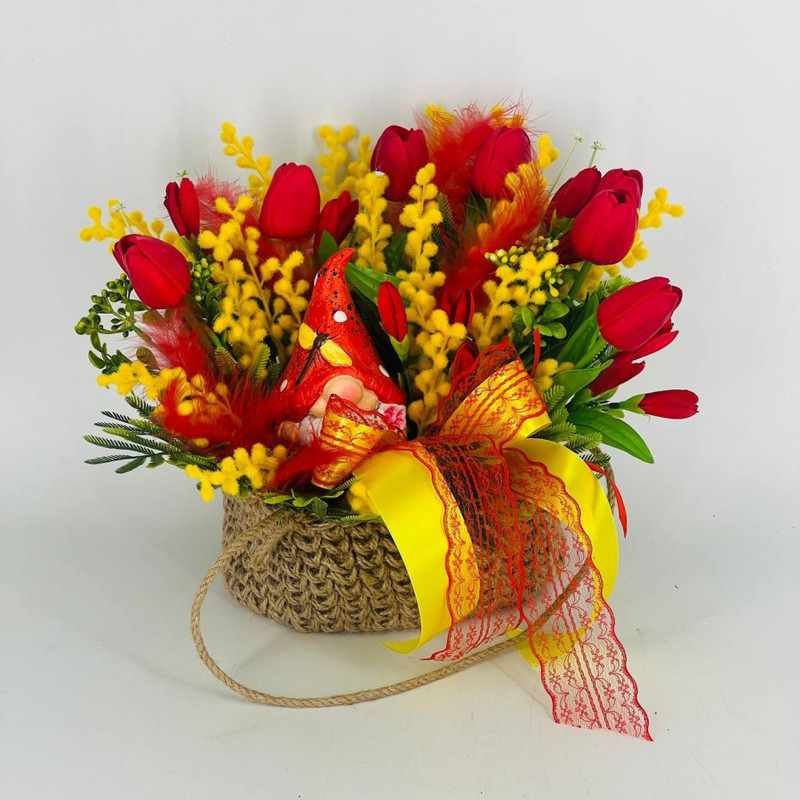 Interior composition of artificial flowers in a knitted flowerpot, standart