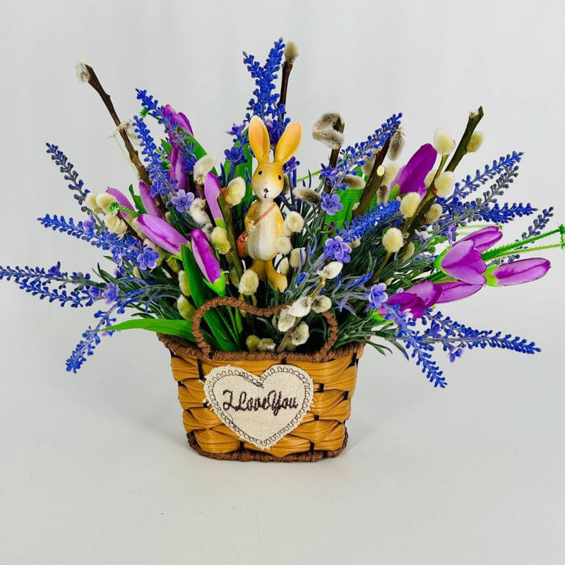 Easter composition of artificial flowers with willow and Easter bunny, standart