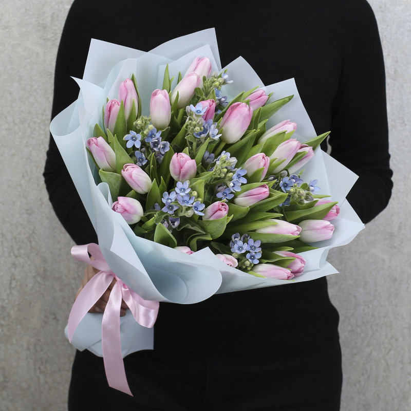 Bouquet of 25 pink tulips with greenery in a package, standart