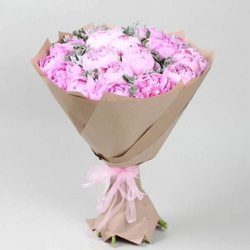 Bouquet 21 pink peonies with greenery, standart