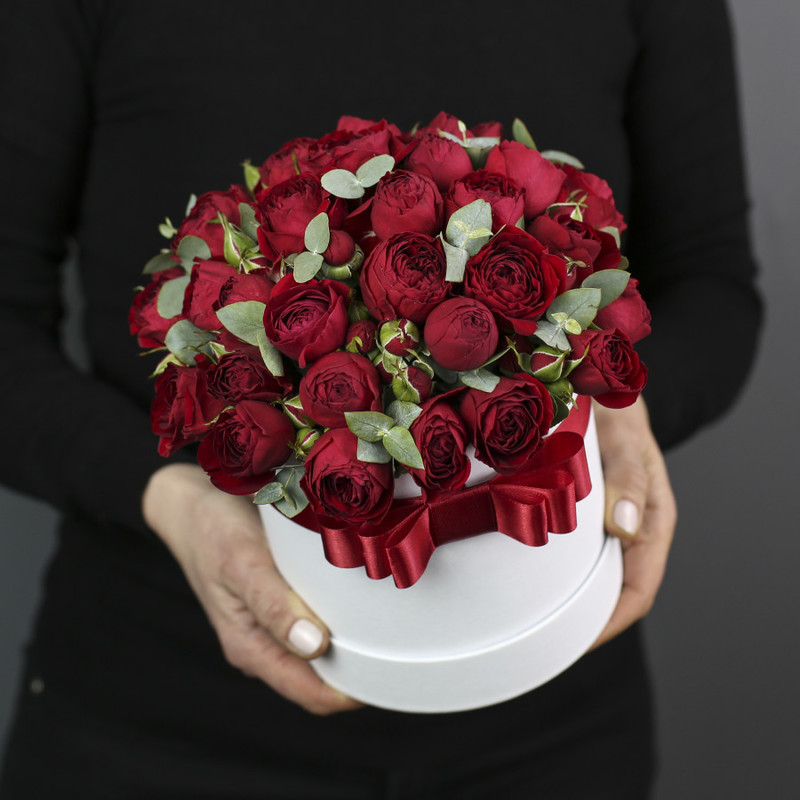 Red peony bush roses with eucalyptus in a white box, standart