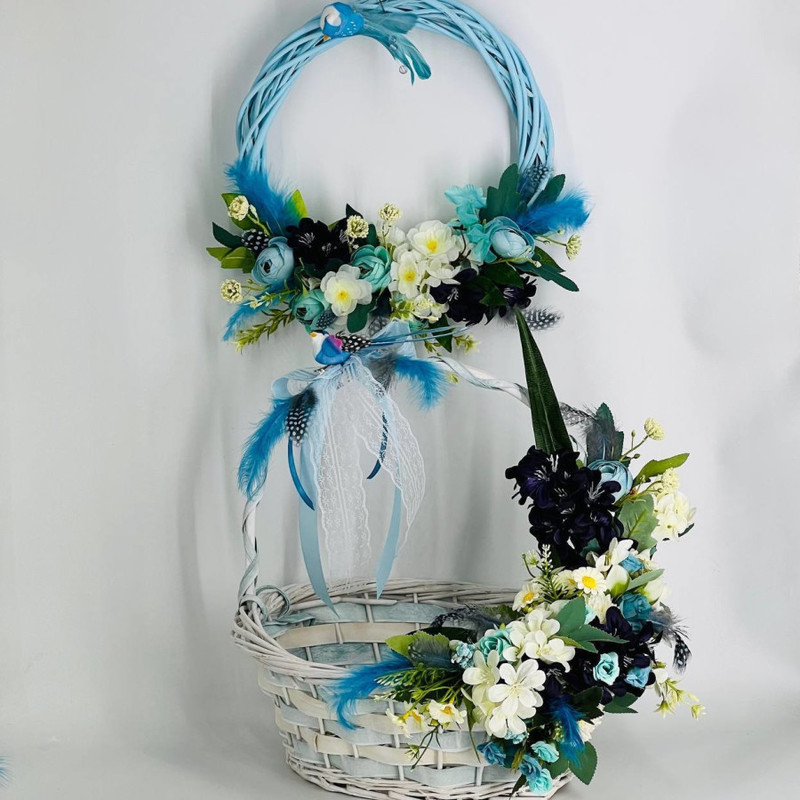 Easter composition 2 in 1 wreath and basket with artificial flowers, standart