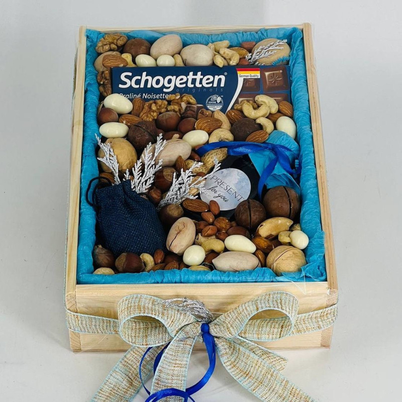 Gift box of nuts mix with chocolate and honey, standart