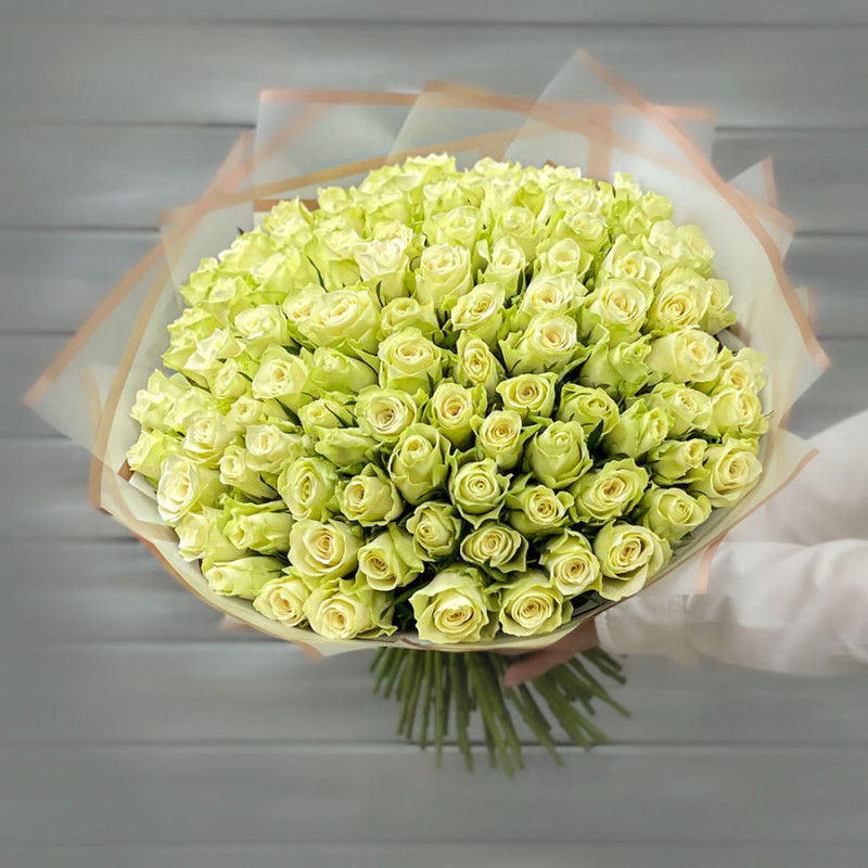 Bouquet of 101 white roses 40 cm in a package, standart