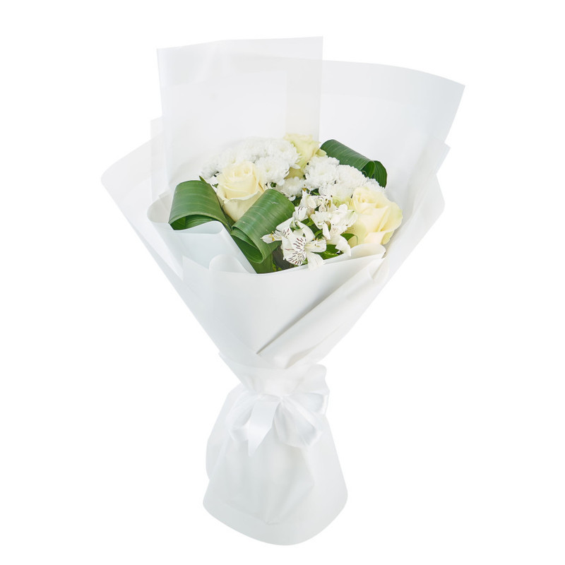 White bouquet of roses, chrysanthemums and alstroemerias, standart
