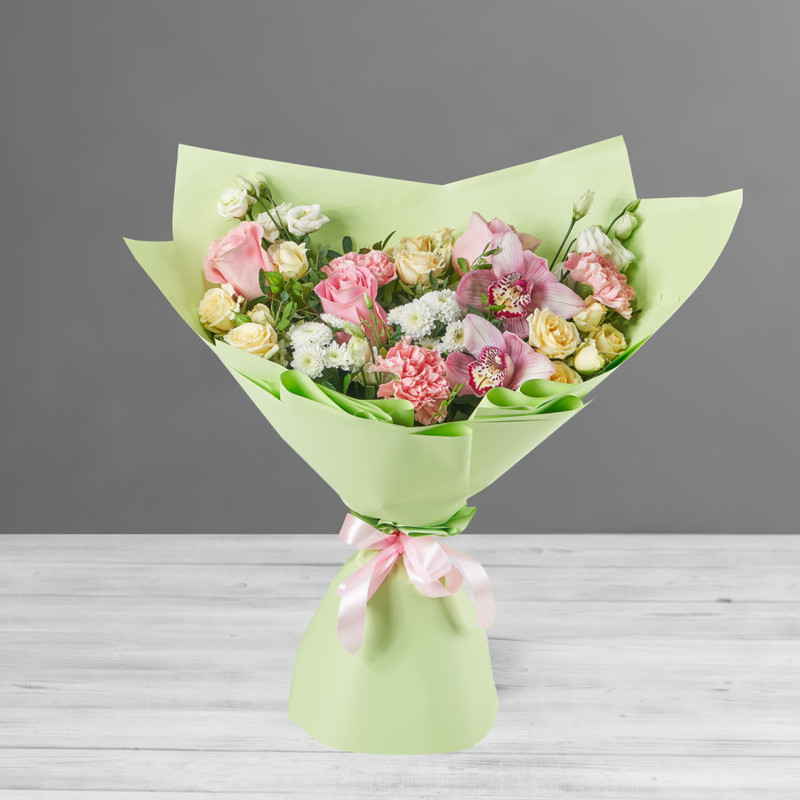 Bouquet of colorful roses, orchids and chrysanthemums, standart