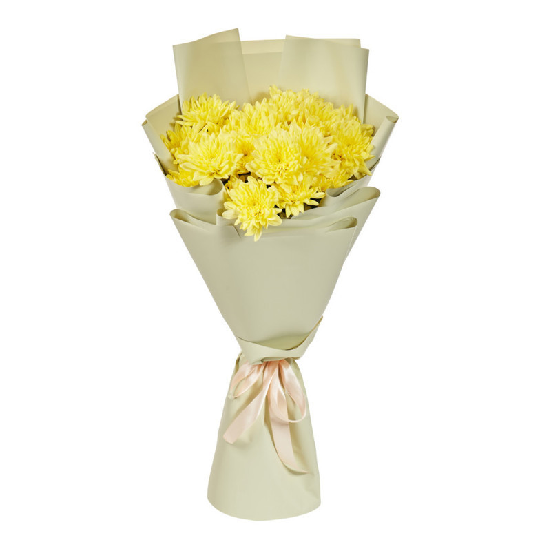 Bouquet of 5 yellow spray chrysanthemums in a package, standart