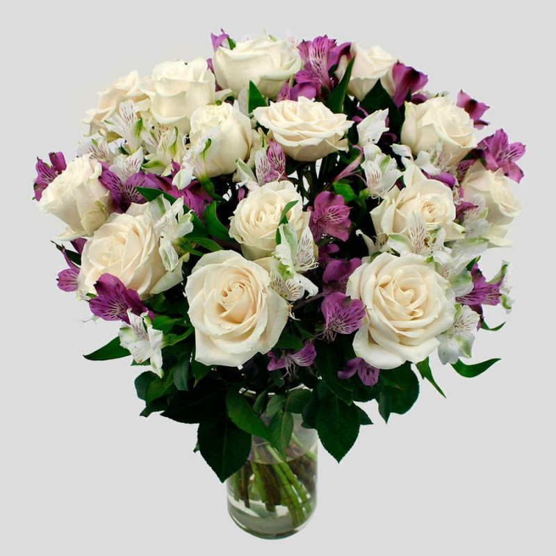 Белые розы с альстромериями, стандартный