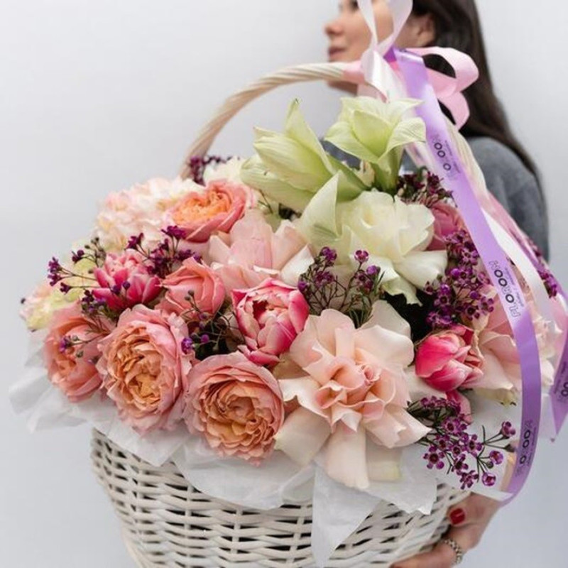 Delicate flower basket of peony roses, hydrangeas and tulips, standart