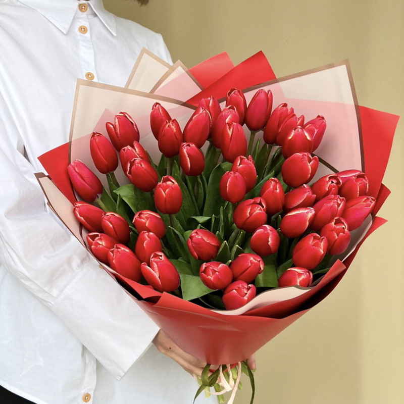 41 red tulips in designer packaging, standart