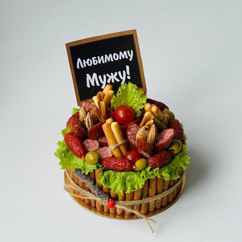 Gift for husband a cake of sausages and snacks, standart