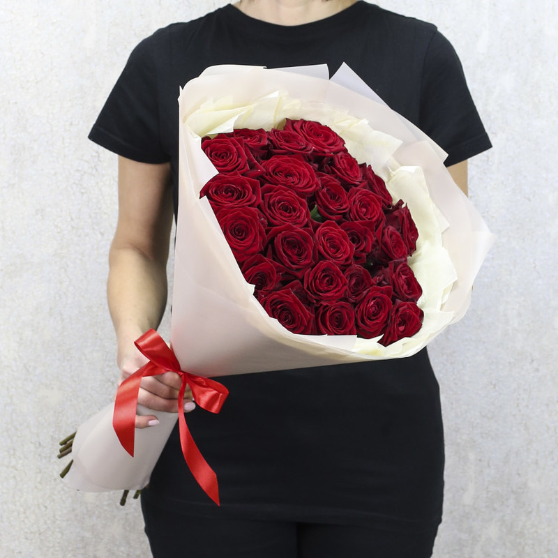 25 red roses "Red Naomi" 60 cm in designer packaging, standart