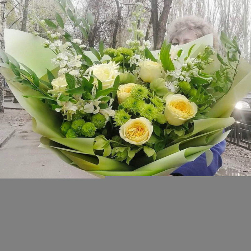 Bouquet with peony roses and chrysanthemum, standart
