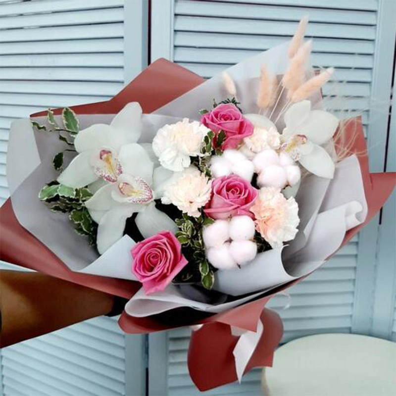 Bouquet with orchids, roses, dianthus and cotton "Style", standart