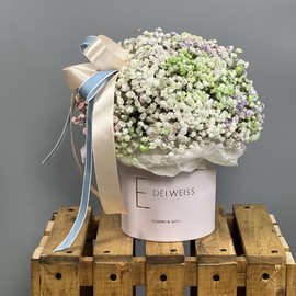 Букет цветов в коробке:«Снегом припорошило»