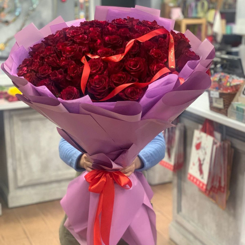 51 Tall Red Rose in decorative gift packaging, standart