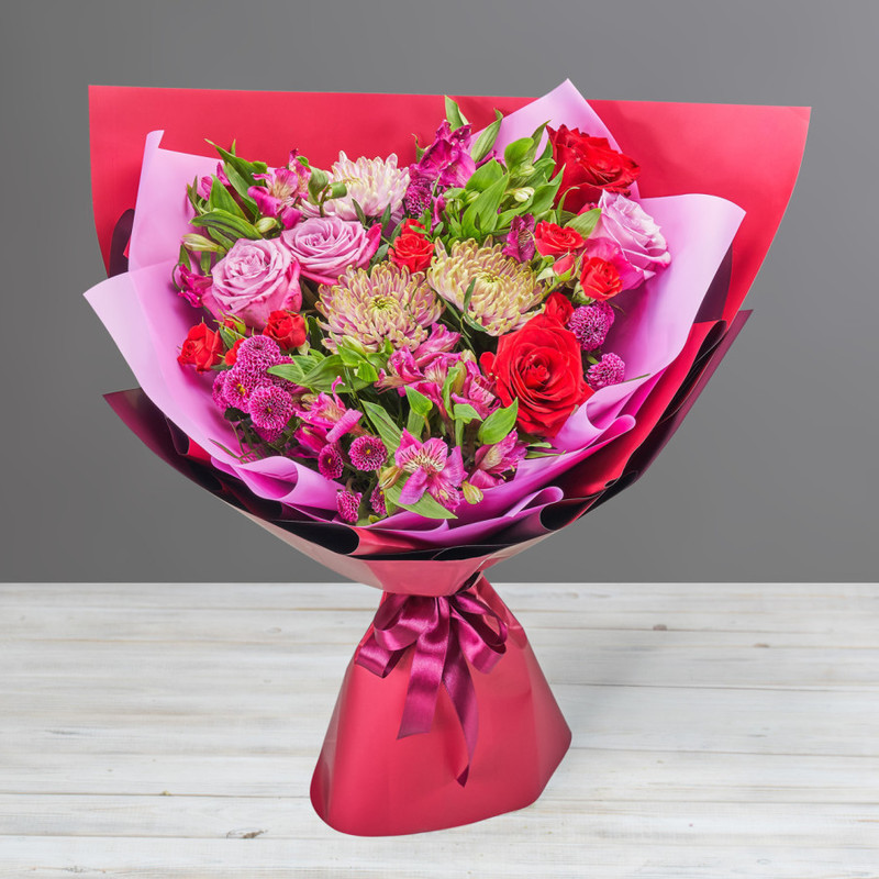 Bouquet of colorful roses, chrysanthemums and alstroemerias, standart