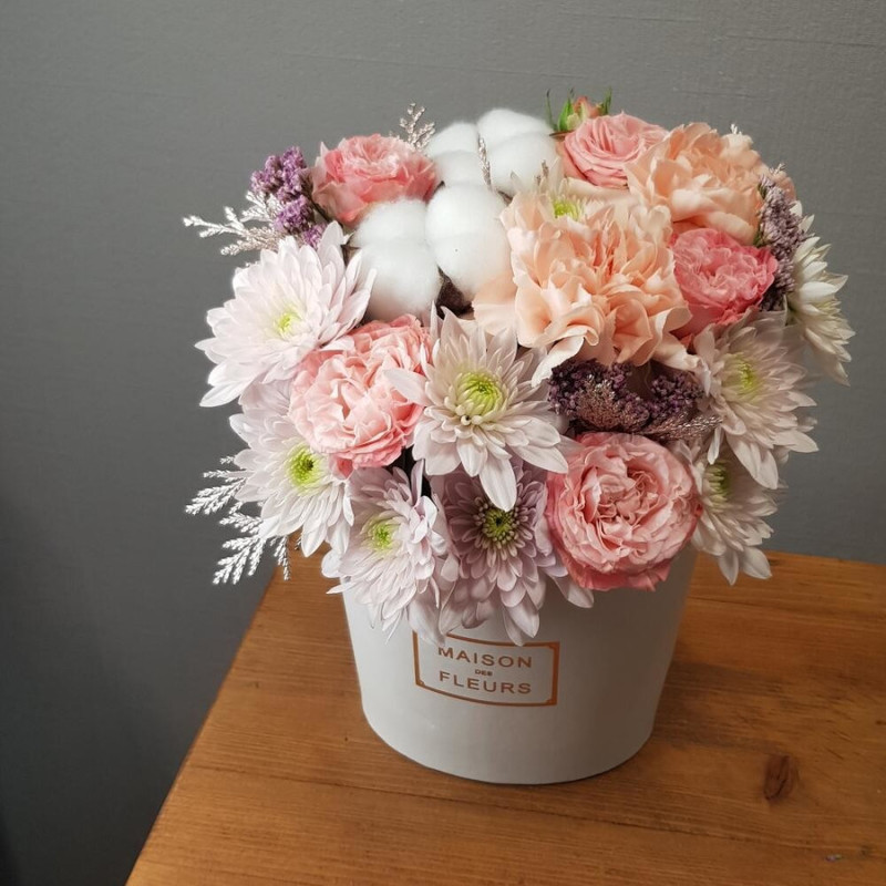 Flowers in a box. Marshmallow with cotton and pastel chrysanthemum, standart