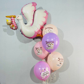 A set of balloons for discharge from the maternity hospital with a stork