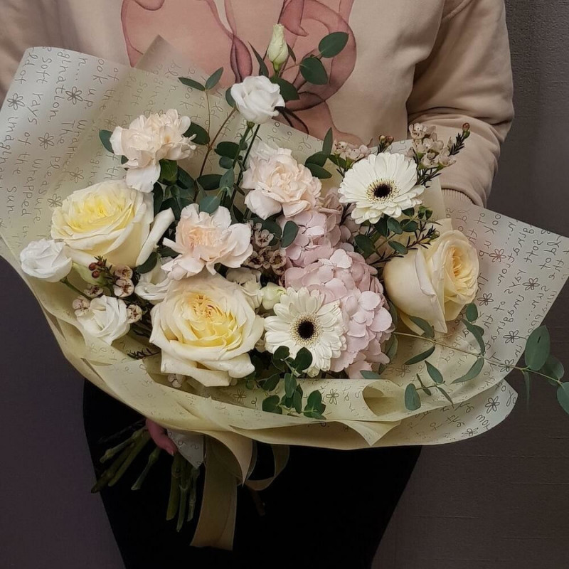 Beautiful designer bouquet with white rose, gerbera and pastel hydrangeas, standart