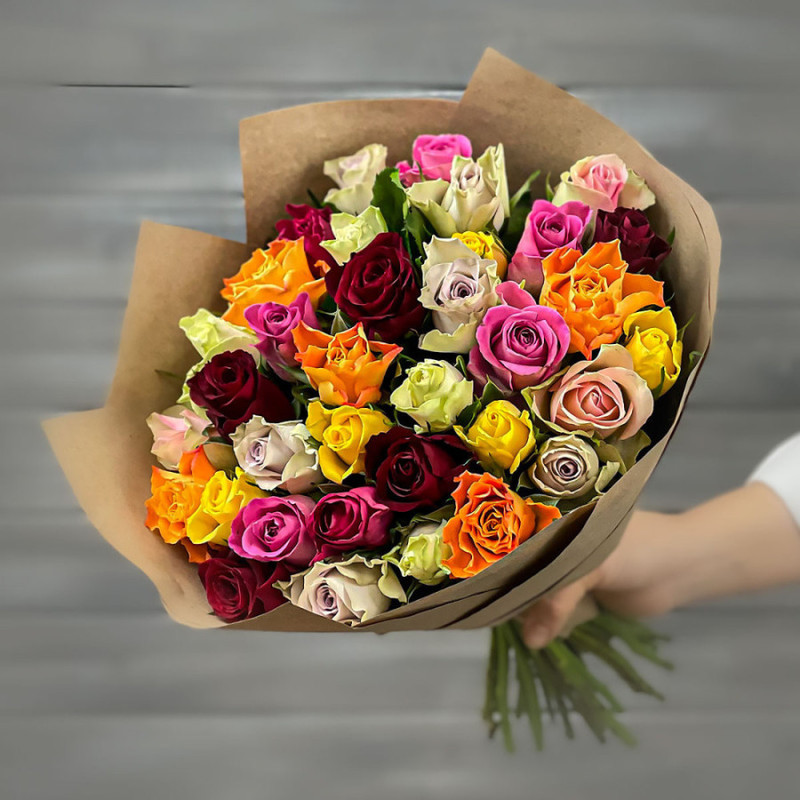Bouquet of multi-colored roses 40 cm in craft, mini