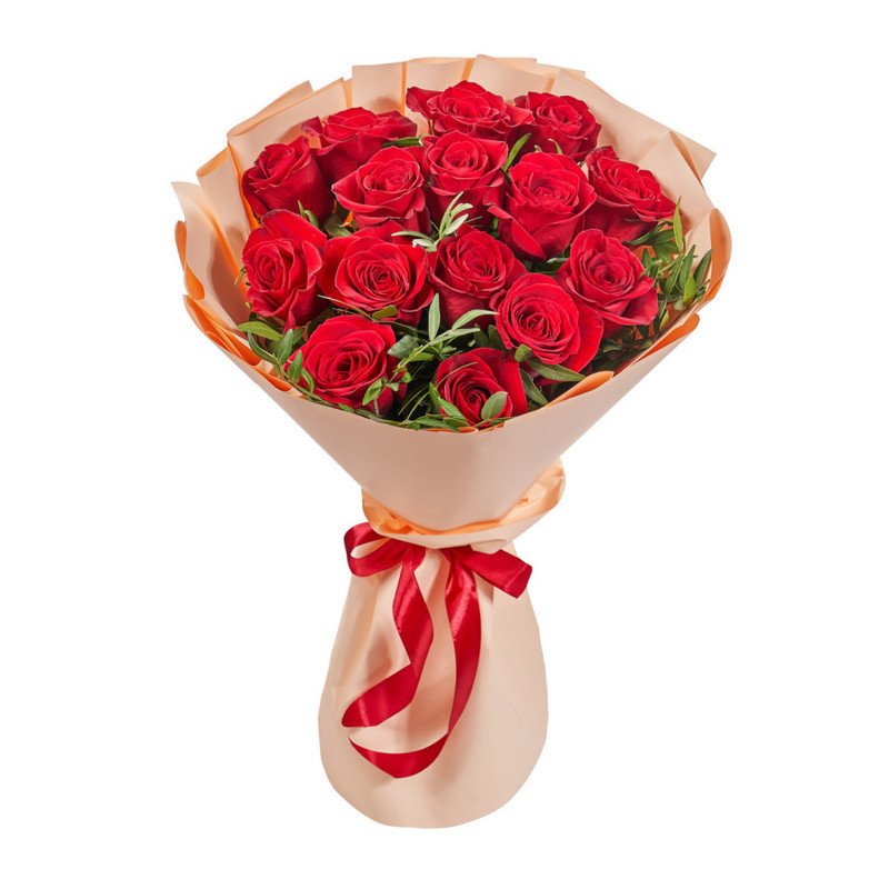 Bouquet of 15 red roses with pistakia, standart