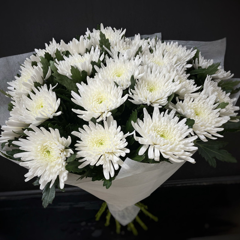 Bouquet of 21 single-headed chrysanthemums in a package (code 25), standart
