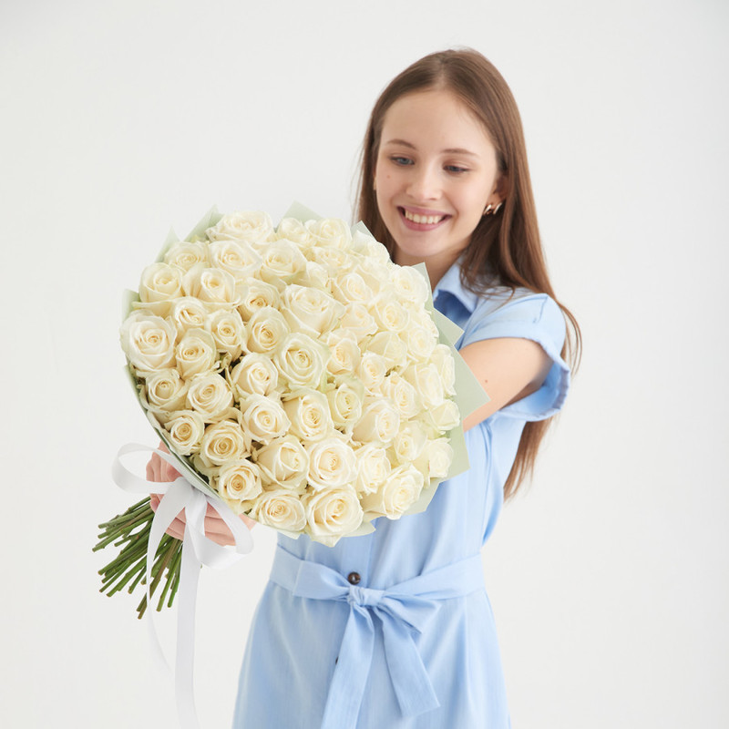 Bouquet of 51 white roses in the design, standart