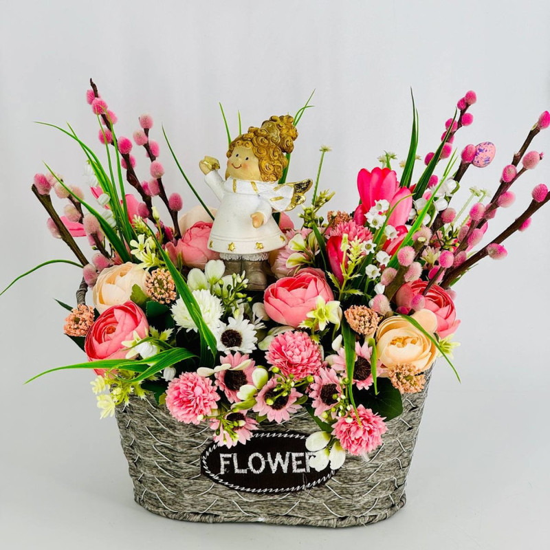 Easter bouquet of artificial flowers with live willow and angel, standart