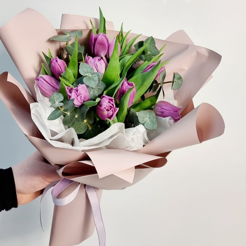 Bouquet of lilac tulips with eucalyptus, standart