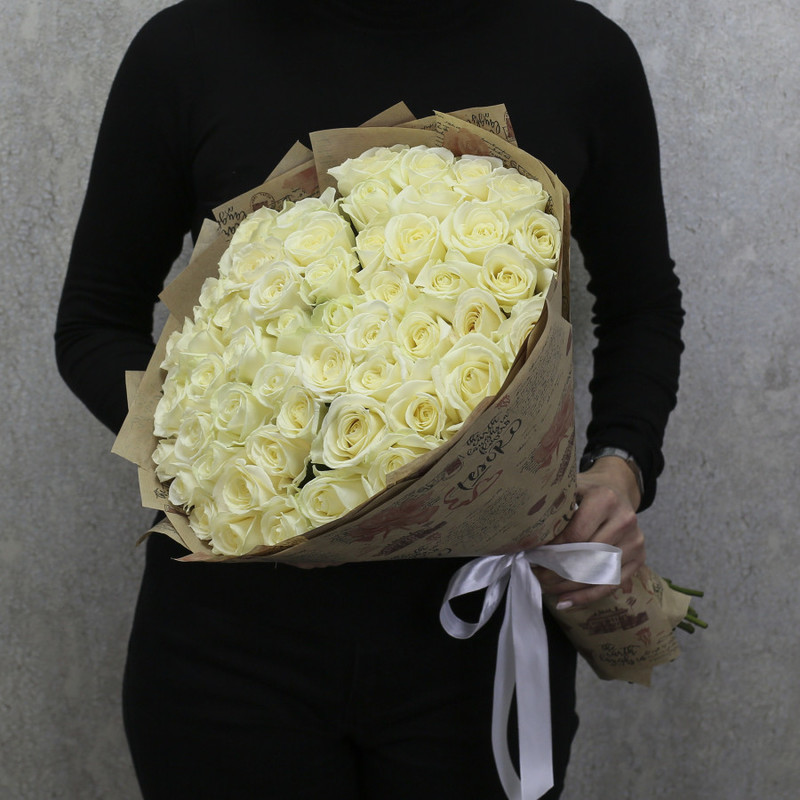 51 white rose "Avalanche" 50 cm in kraft paper, standart