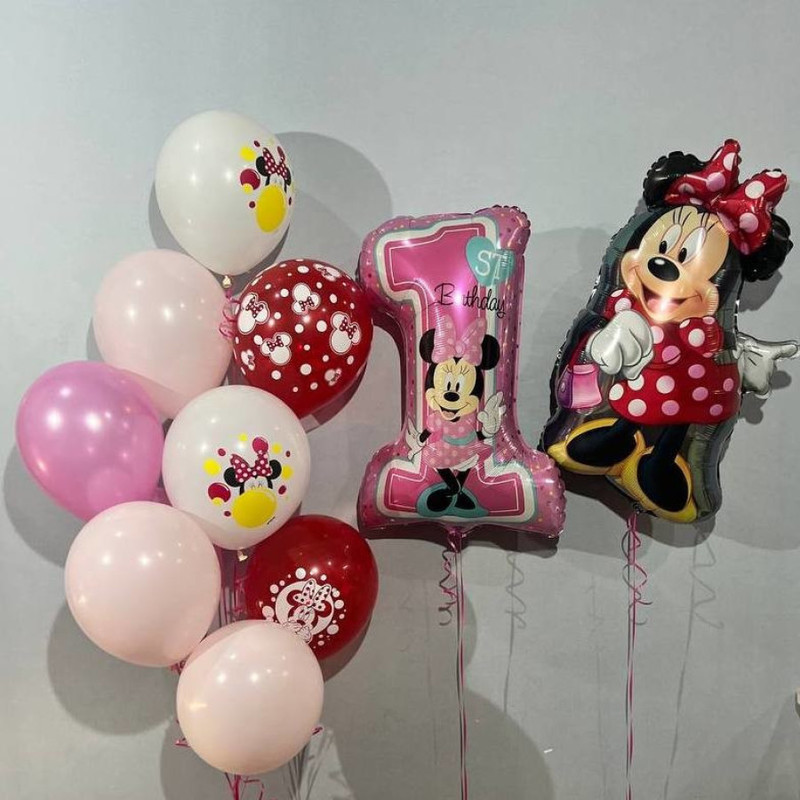 Воздушные шары на 1 год для девочки с цифрой и фигурой Минни Маус, стандартный